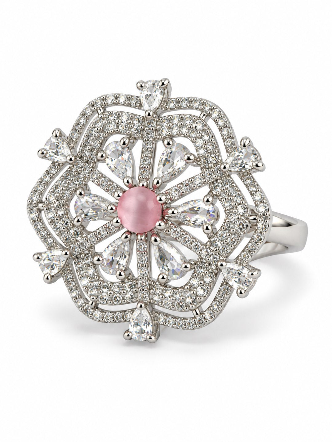 Pink Round Center Geometric Flower Ring - Silver Plated - alternate view
