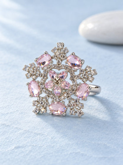 Pink Stone Ornate Floral Ring - Silver Plated - alternate view