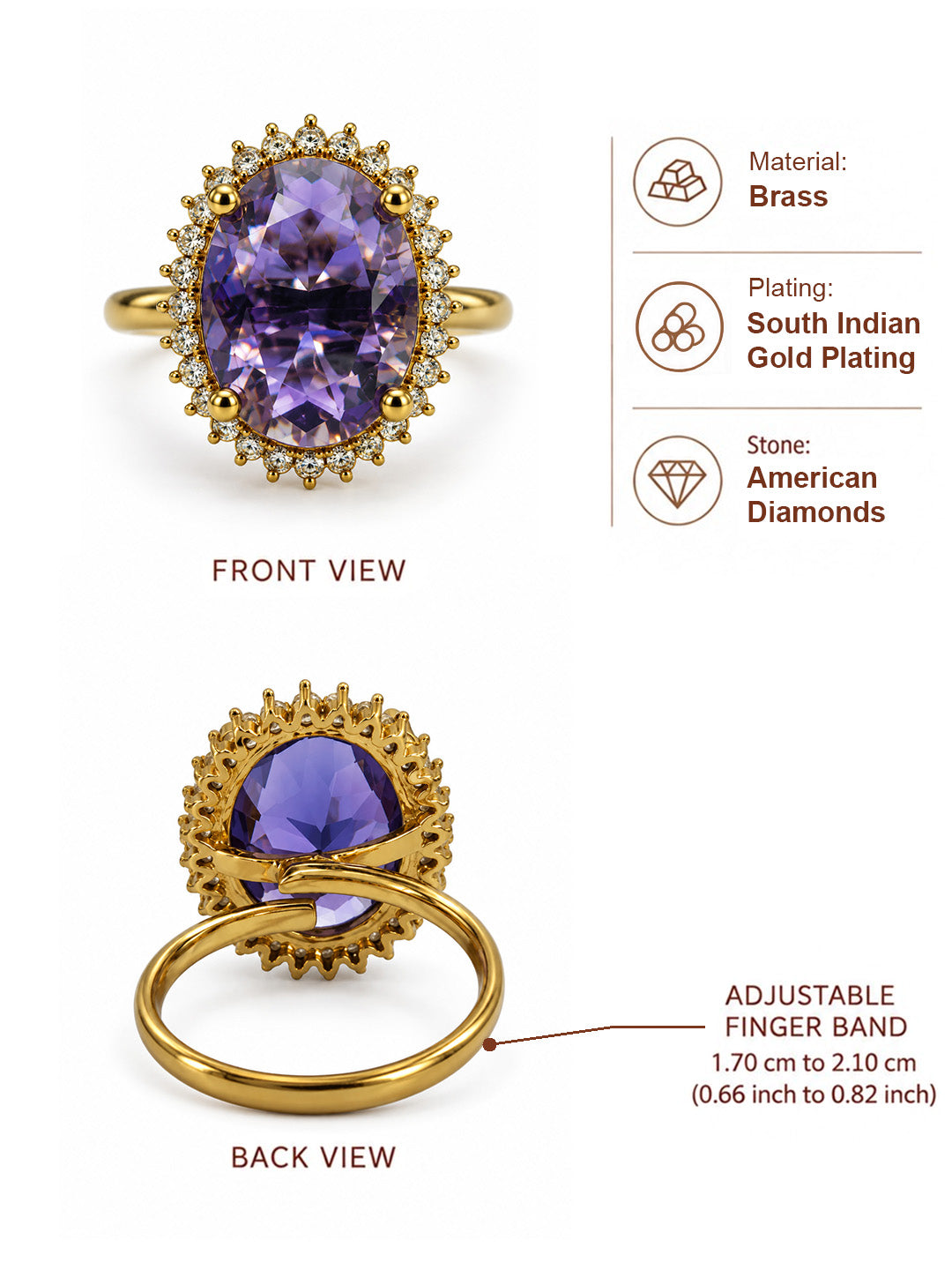 Purple Oval Stone Sunburst Halo Ring - Gold Plated, additional view 5
