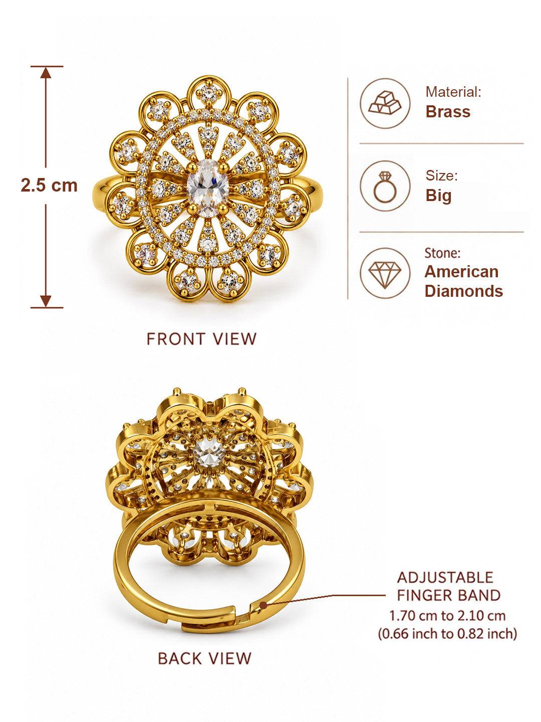 Clear Stone Scalloped Floral Ring - Gold Plated, additional view 6