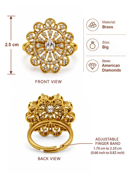 Clear Stone Scalloped Floral Ring - Gold Plated, additional view 6