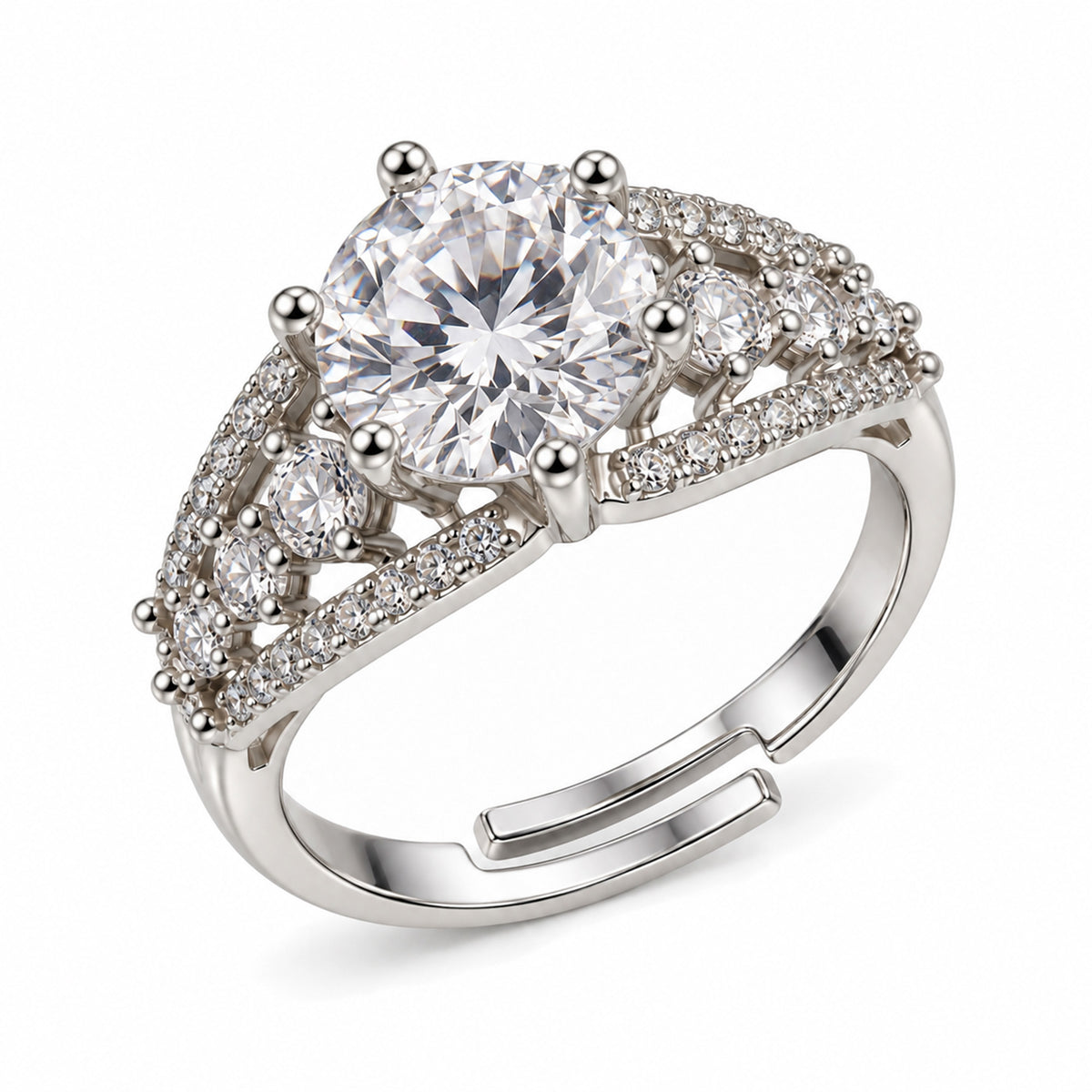 Clear Round Stone Split Shank Ring - Silver Plated, product view