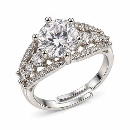 Clear Round Stone Split Shank Ring - Silver Plated, product view
