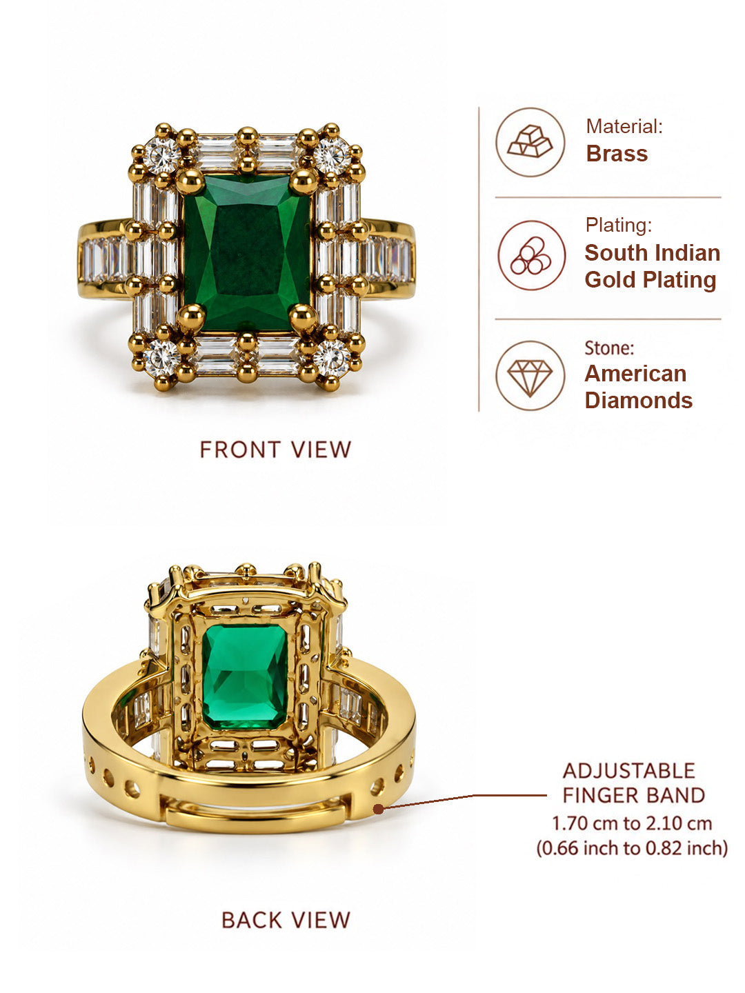 Green Center Stone Baguette Halo Ring - Gold Plated product image