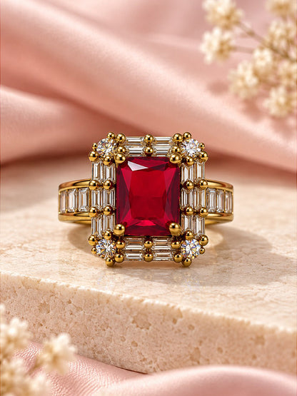 Red Center Stone Baguette Halo Ring - Gold Plated product image