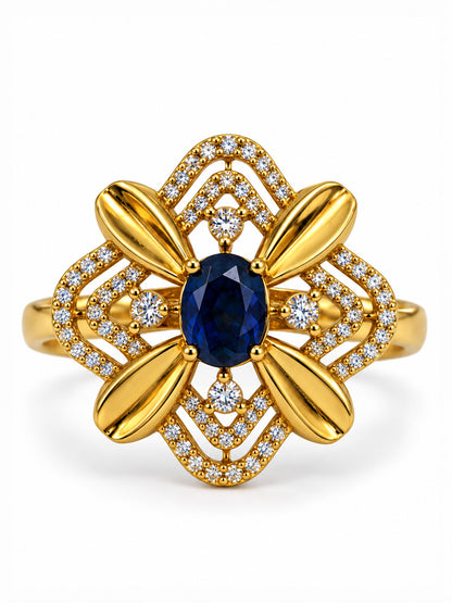 Blue Stone Four Petal Floral Ring - Gold Plated, additional view 7