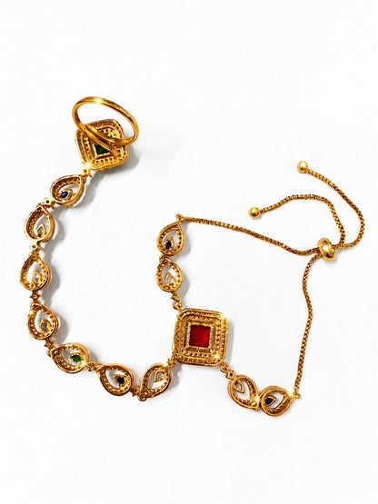 Multicolor Square Halo and Teardrop Hathphool - Mehndi Plated