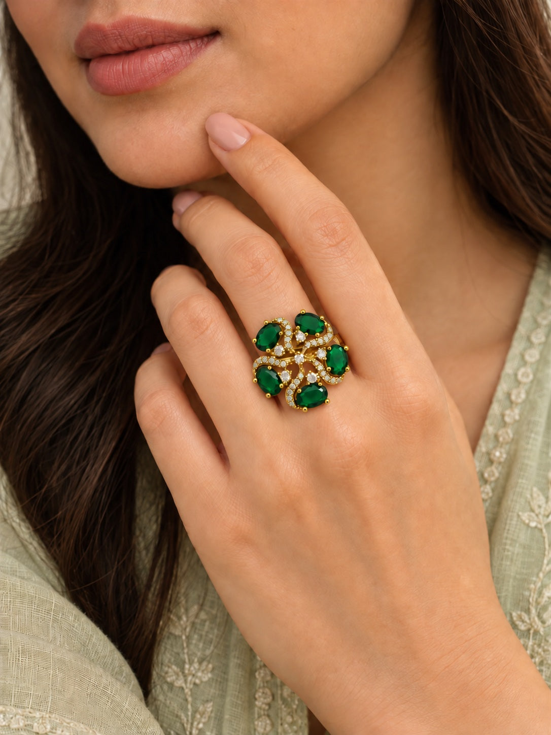 Green Stone Five Petal Swirl Ring - Gold Plated, model close-up