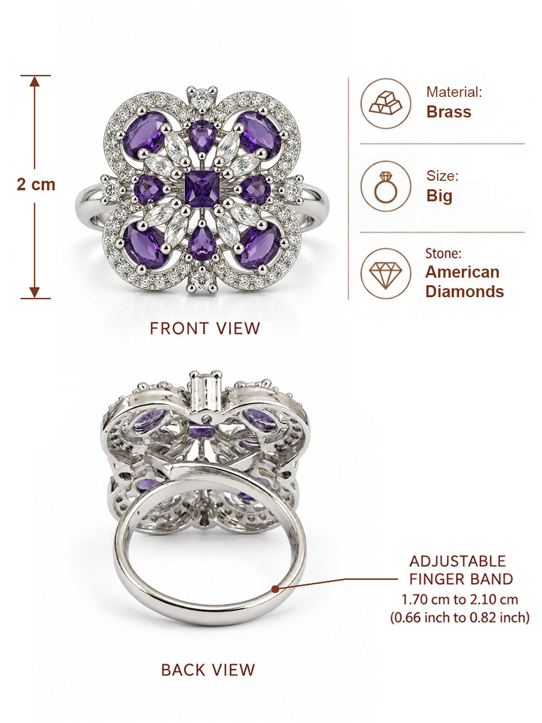 Purple Square Center Quatrefoil Ring - Silver Plated - alternate view