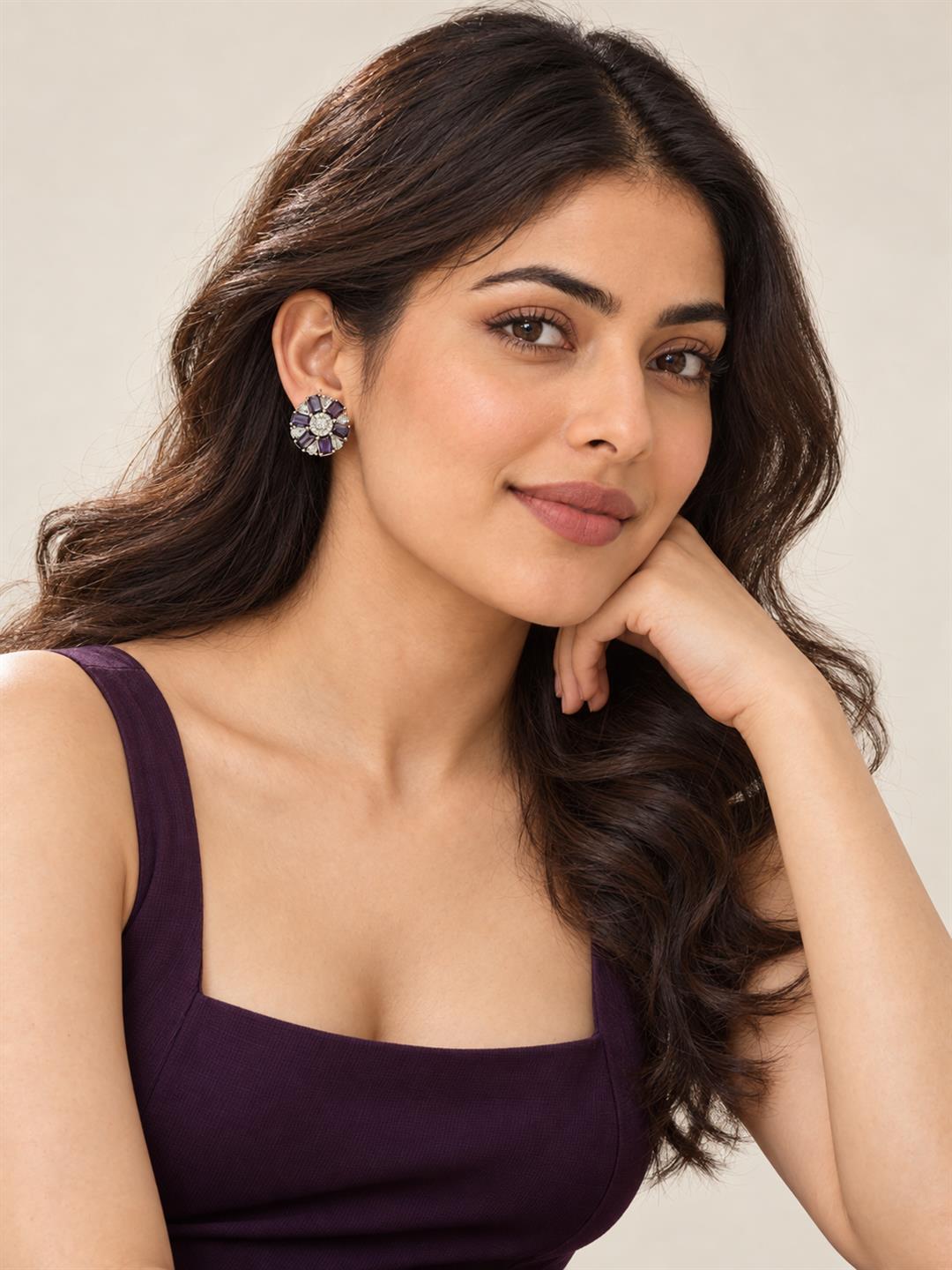 Purple round flower silver-plated stud earrings