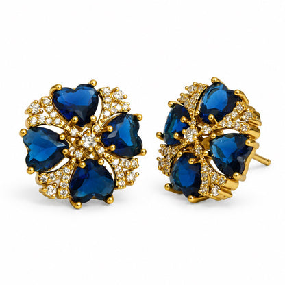 Blue Four Heart Floral Stud Earrings - Gold Plated