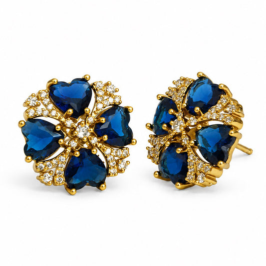 Blue Four Heart Floral Stud Earrings - Gold Plated