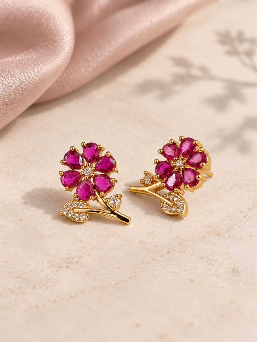 Pink Floral and Leaf Stud Earrings, gold plated, lifestyle view