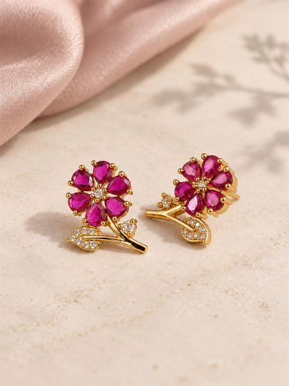Pink Floral and Leaf Stud Earrings, gold plated, lifestyle view