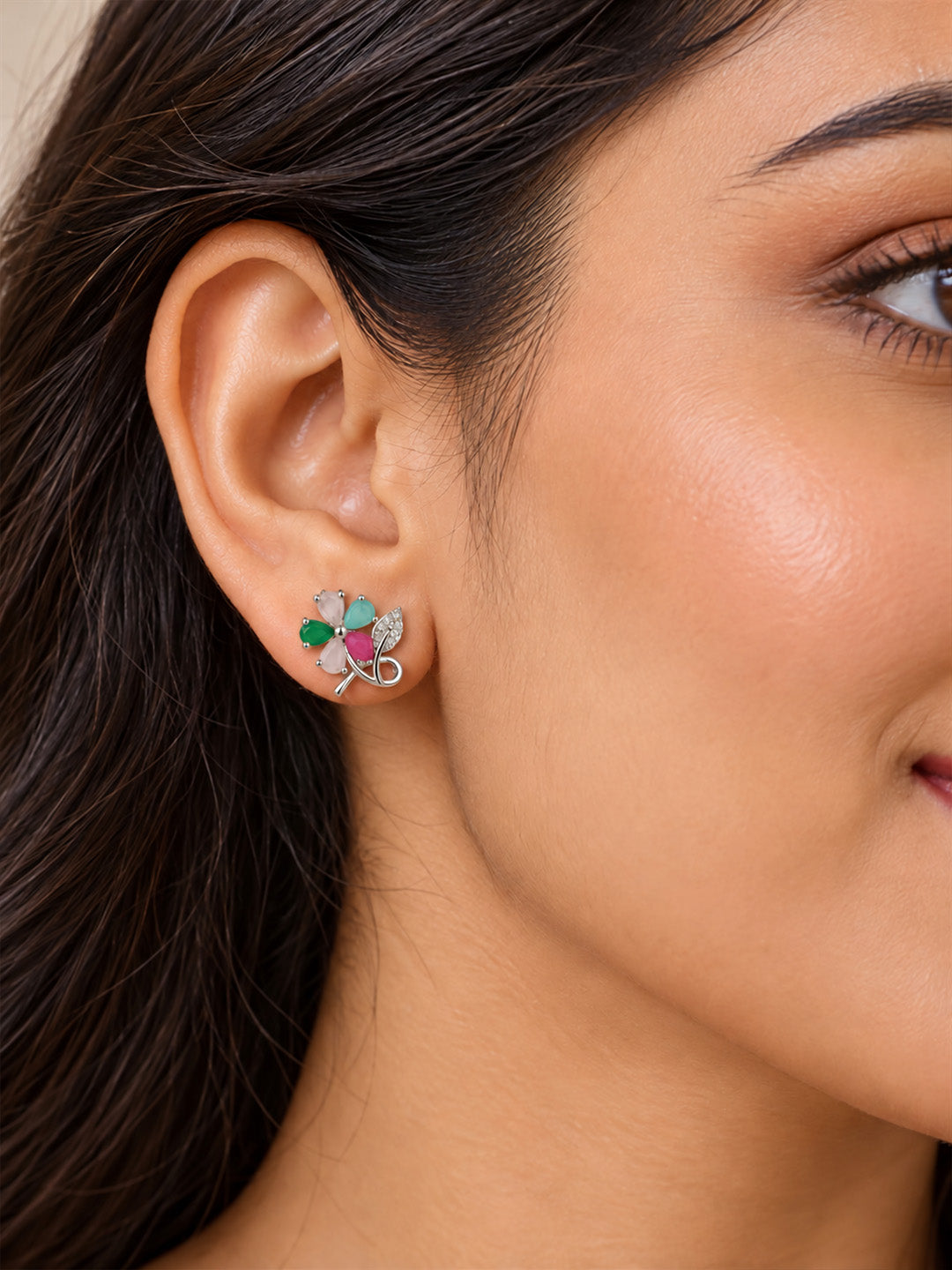 Multicolor Flower and Leaf Stud Earrings, silver plated, model close-up