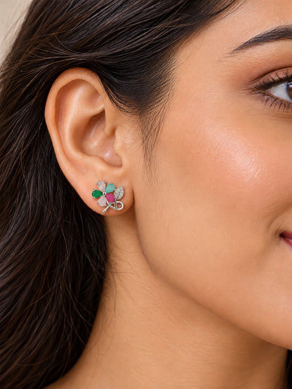 Multicolor Flower and Leaf Stud Earrings, silver plated, model close-up