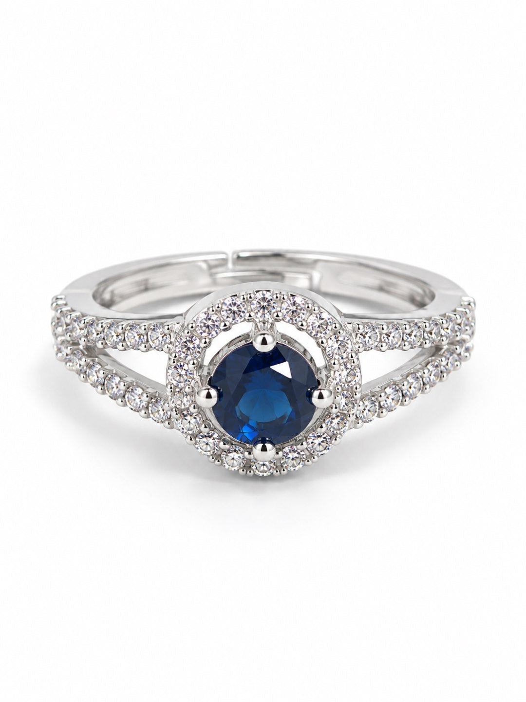 Blue Round Halo Split-Shank Ring - Silver Plated