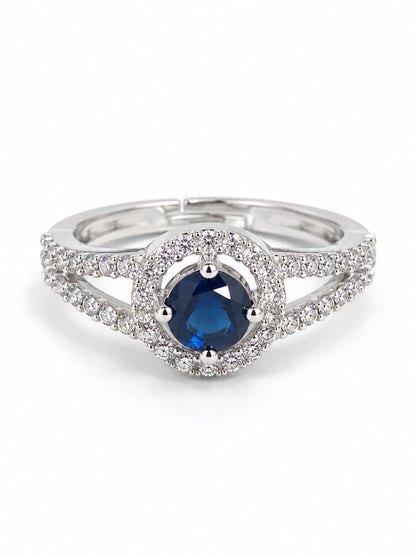 Blue Round Halo Split-Shank Ring - Silver Plated