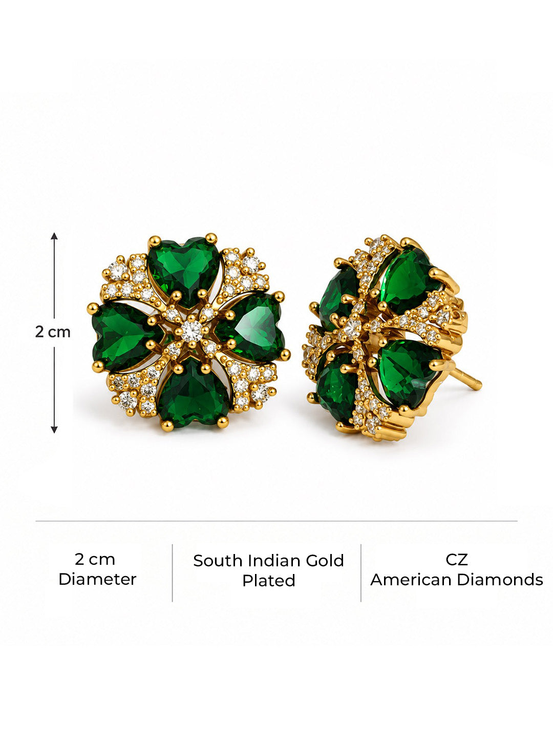 Green Four Heart Floral Stud Earrings - Gold Plated