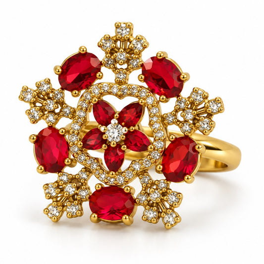 Red Stone Floral Cross Cluster Ring - Gold Plated, product view