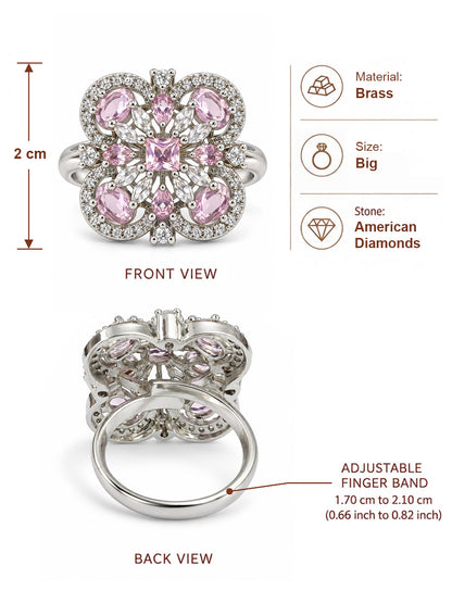 Pink Square Center Quatrefoil Ring - Silver Plated - alternate view