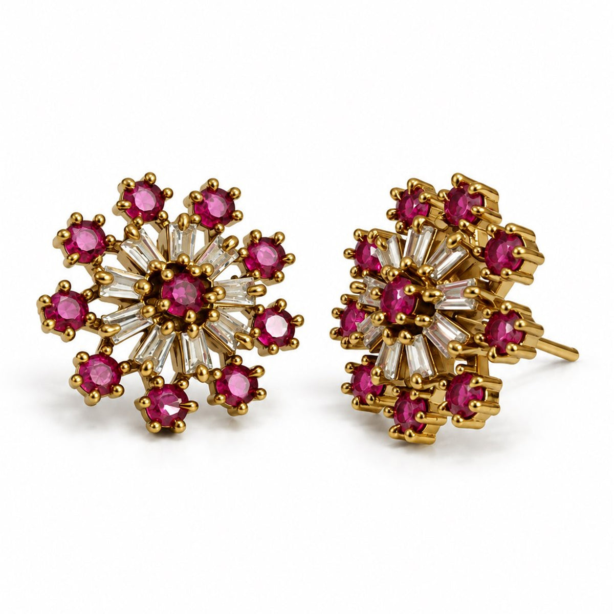 Pink Baguette Sunburst Stud Earrings, gold plated