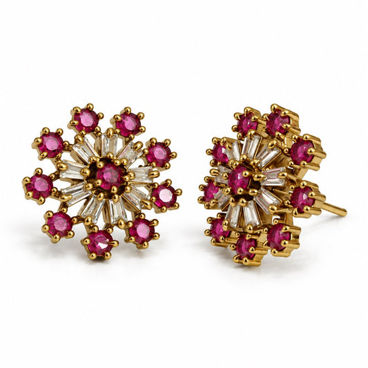 Pink Baguette Sunburst Stud Earrings, gold plated