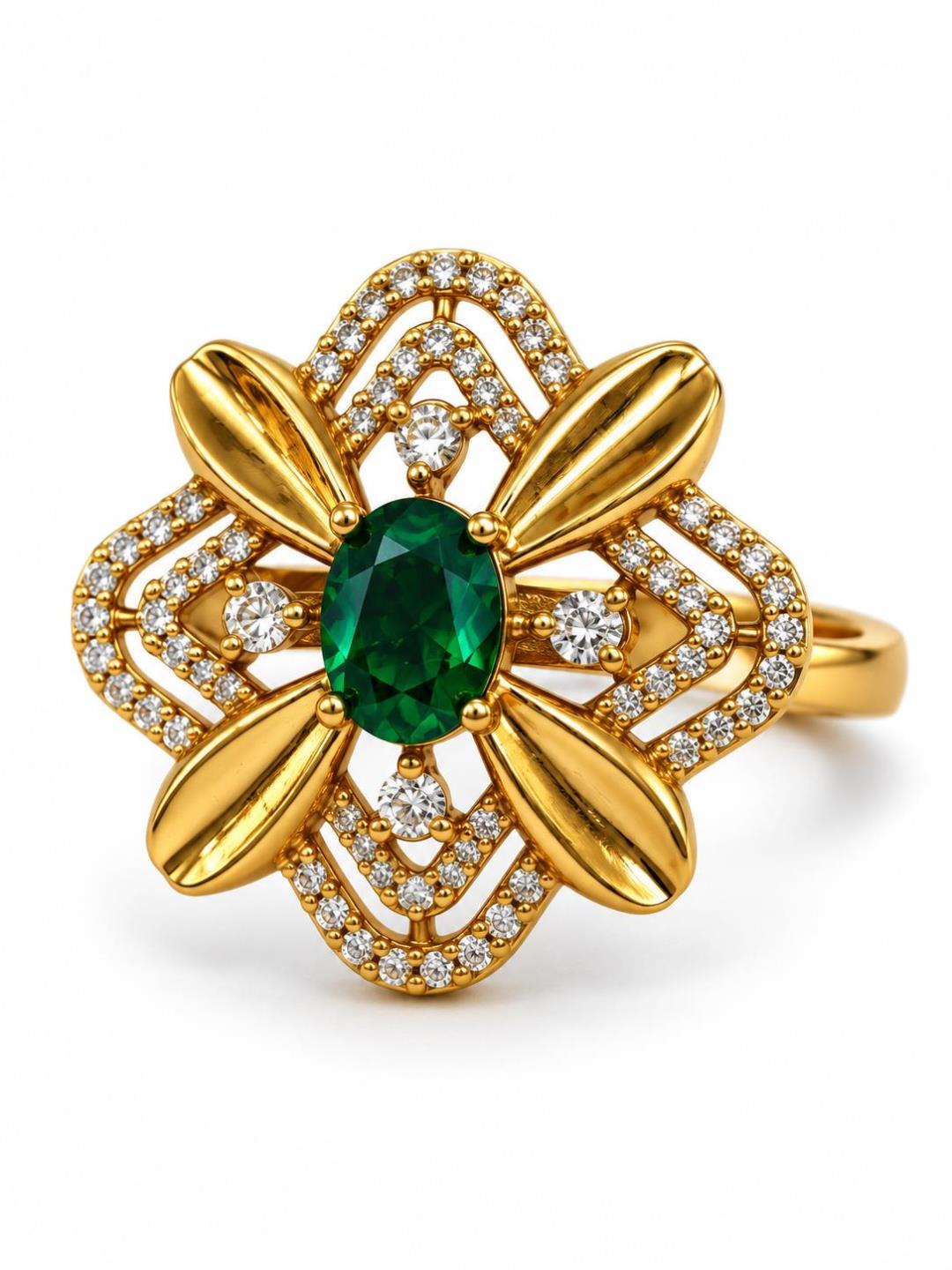 Green Stone Four Petal Floral Ring - Gold Plated, additional view 1