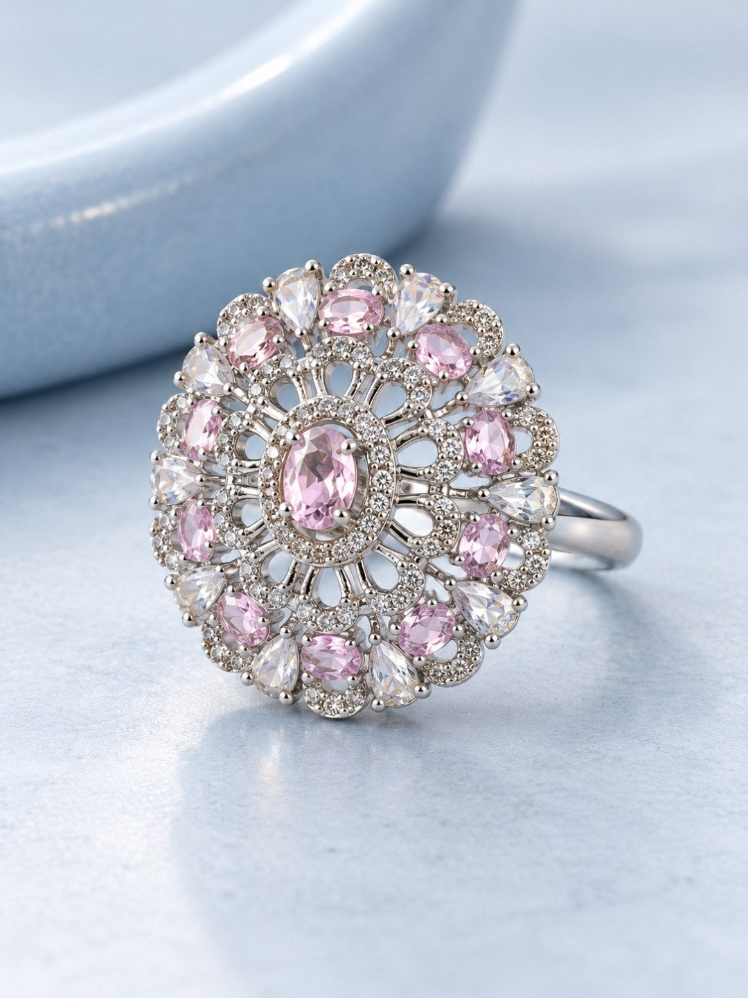 Pink Oval Center Floral Cluster Ring - Silver Plated - alternate view