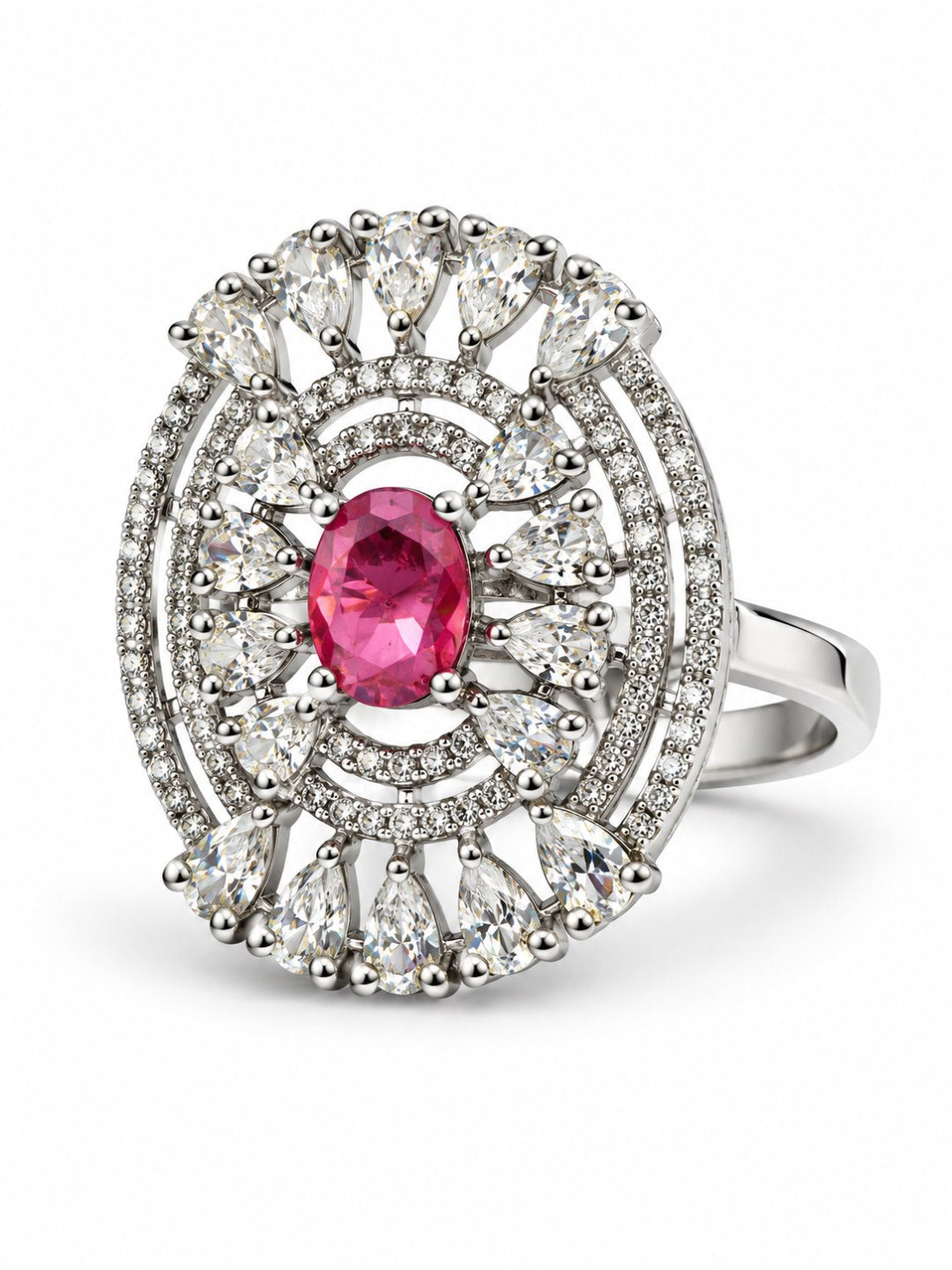 Red Oval Center Halo Ring - Silver Plated - alternate view