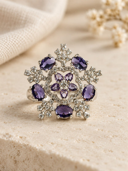 Purple Stone Ornate Floral Ring - Silver Plated - alternate view