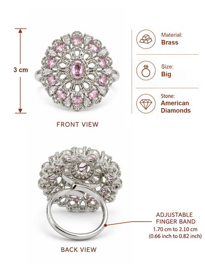 Pink Oval Center Floral Cluster Ring - Silver Plated - alternate view