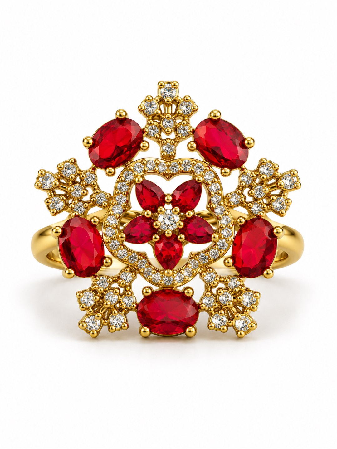 Red Stone Floral Cross Cluster Ring - Gold Plated, additional view 4