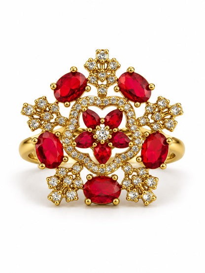 Red Stone Floral Cross Cluster Ring - Gold Plated, additional view 4