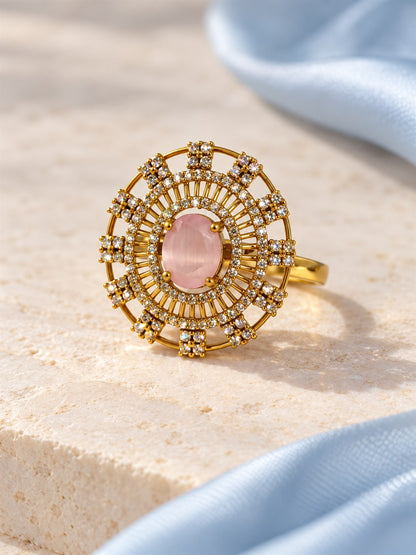 Pink Stone Oval Baguette Halo Ring - Gold Plated, additional view 3