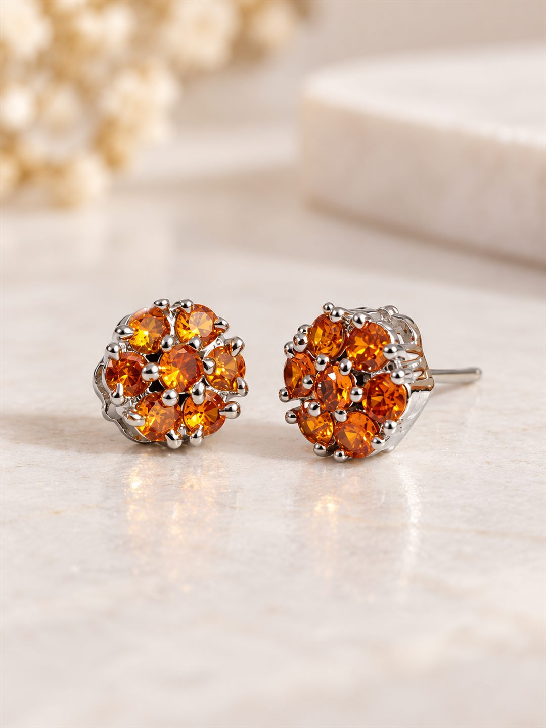 Orange Stone Floral Cluster Stud Earrings, silver plated, lifestyle view
