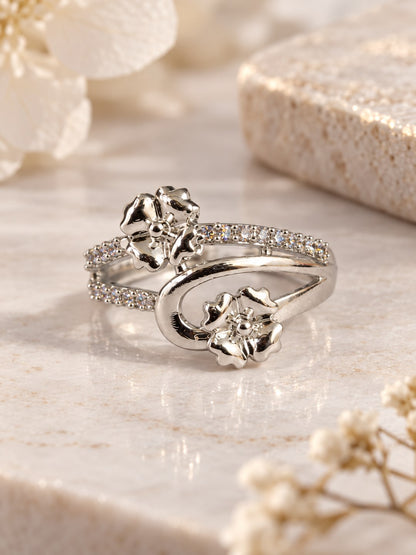 Clear Twin Flower Bypass Ring - Silver Plated