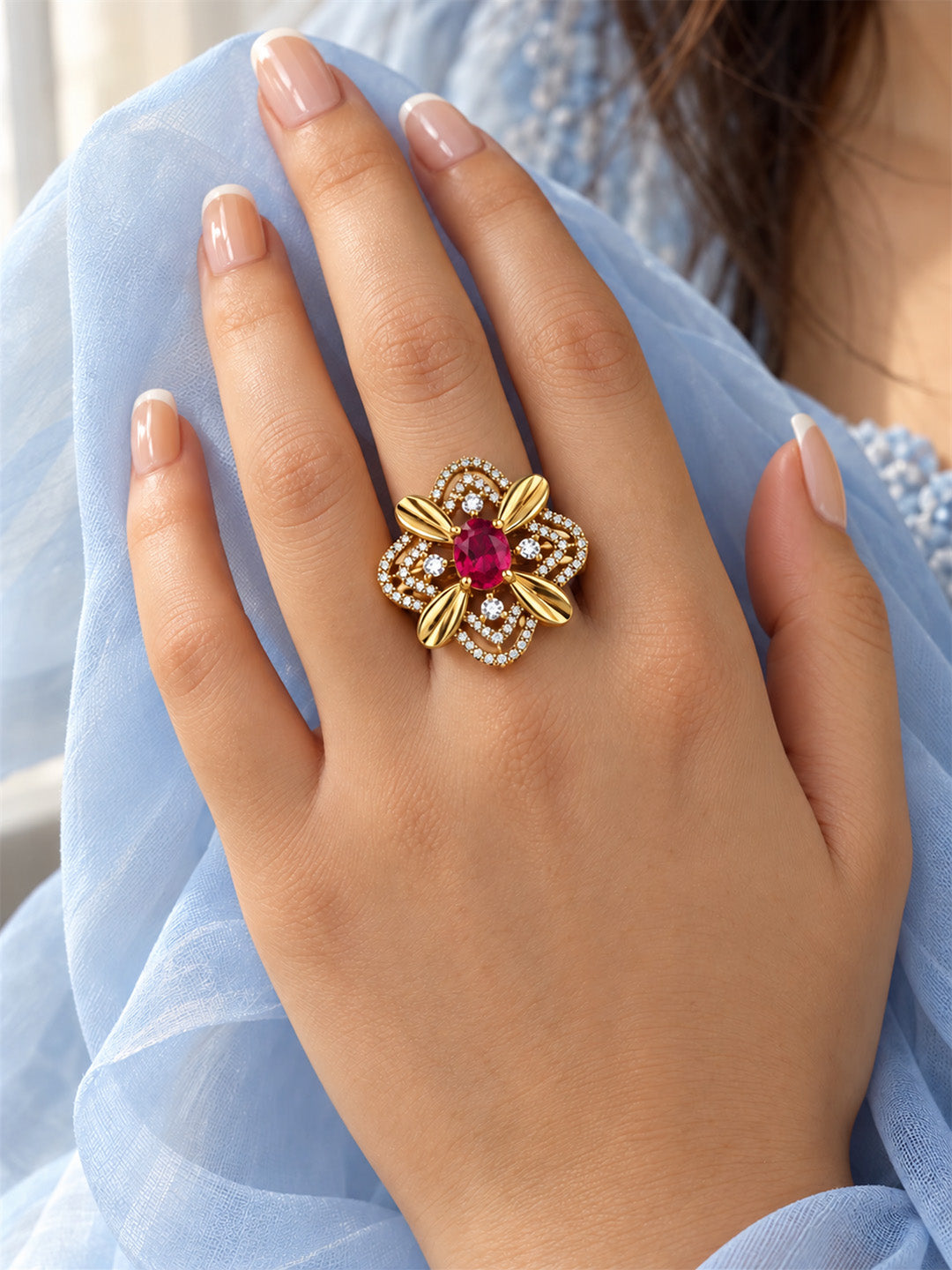 Red Stone Four Petal Floral Ring - Gold Plated, model close-up