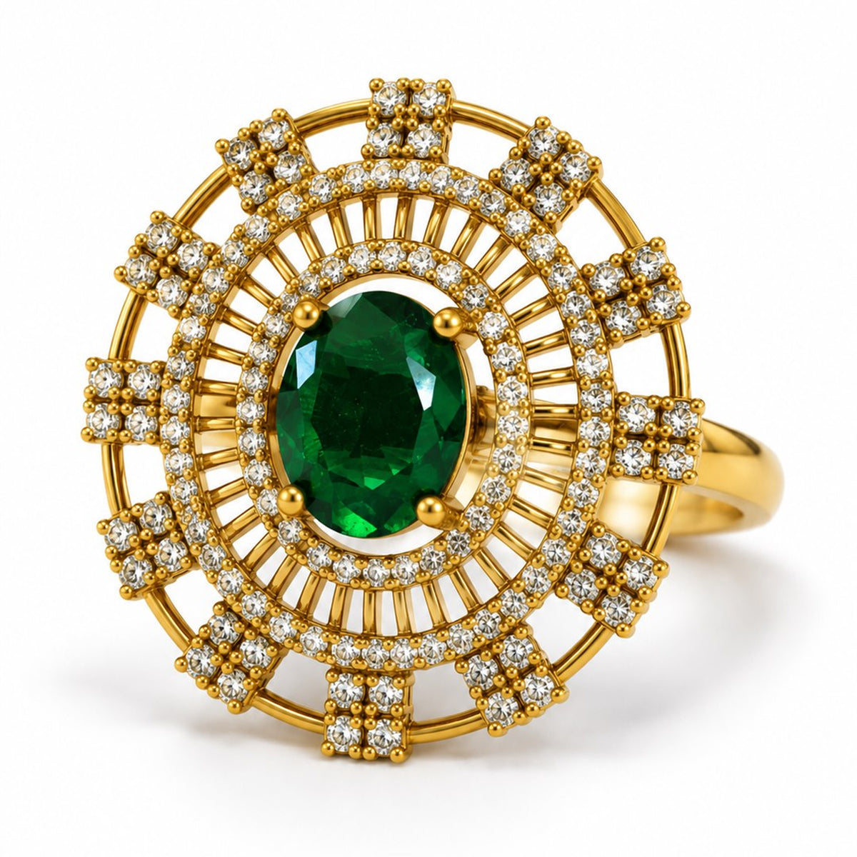 Green Stone Oval Baguette Halo Ring - Gold Plated, product view