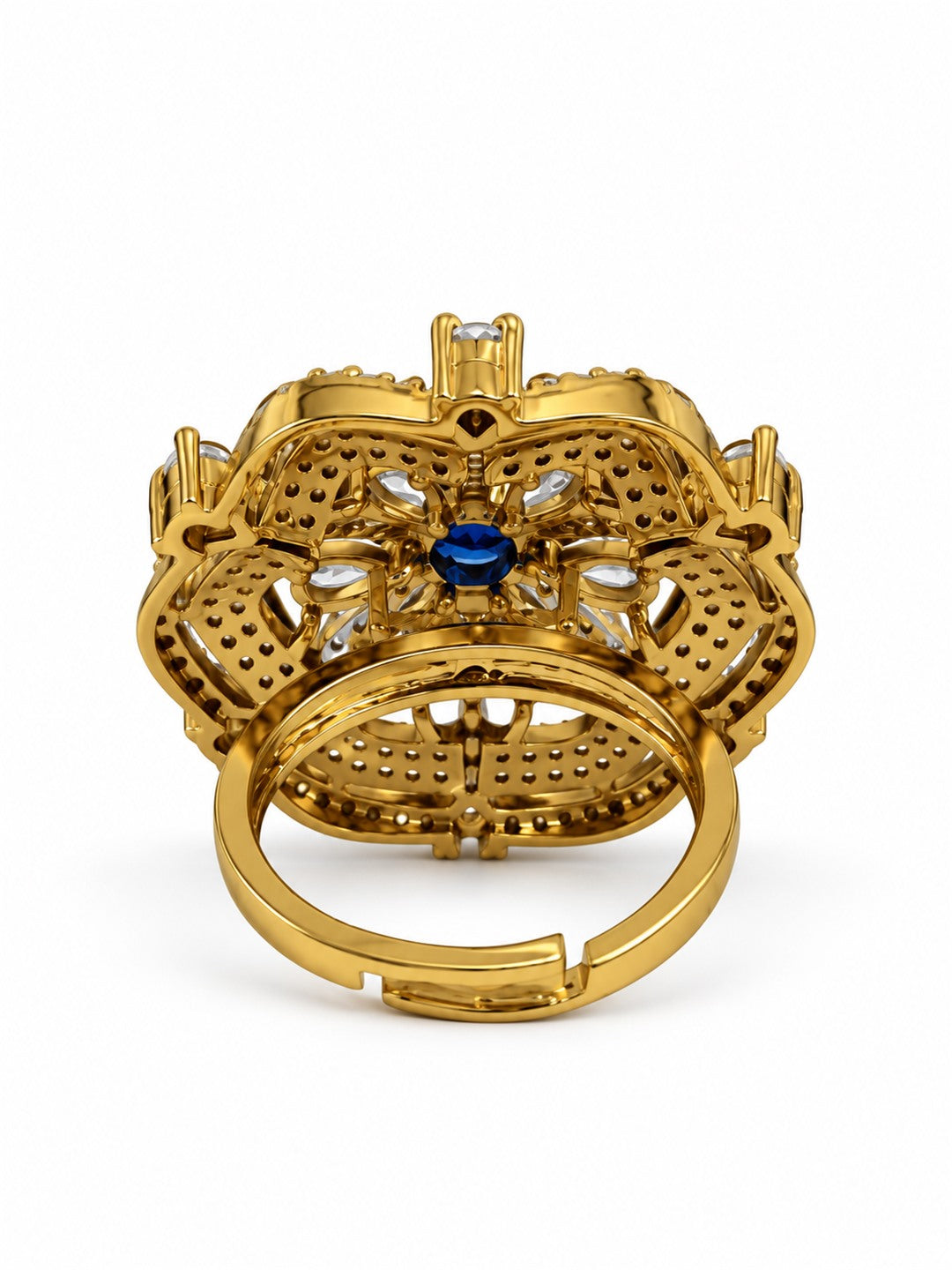 Blue Stone Scalloped Floral Halo Ring - Gold Plated, additional view 6