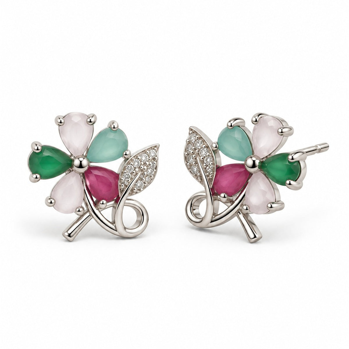 Multicolor Flower and Leaf Stud Earrings, silver plated