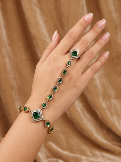 Green Square Halo and Teardrop Hathphool - Mehndi Plated worn on hand