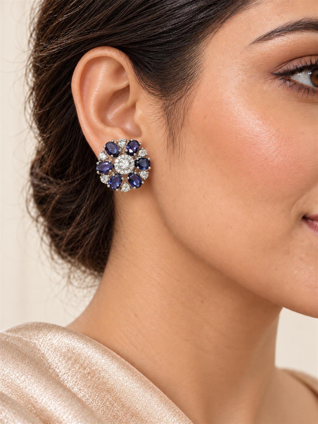 Purple rectangular stone flower silver-plated stud earrings worn by a model
