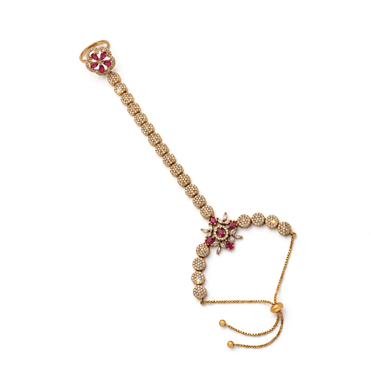 Red Floral Round-Stone Chain Hathphool - Mehndi Plated