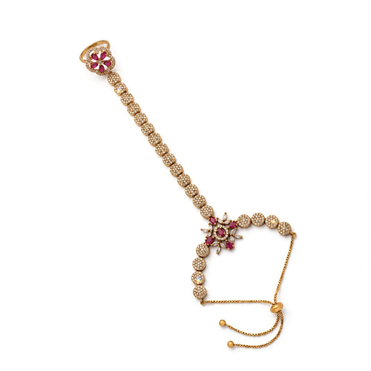 Red Floral Round-Stone Chain Hathphool - Mehndi Plated