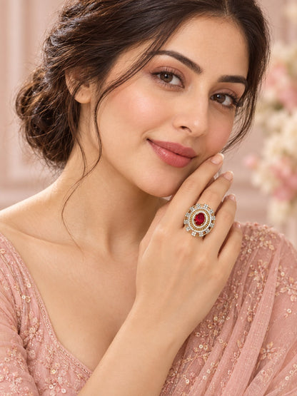 Red Center Stone Baguette Halo Ring - Gold Plated