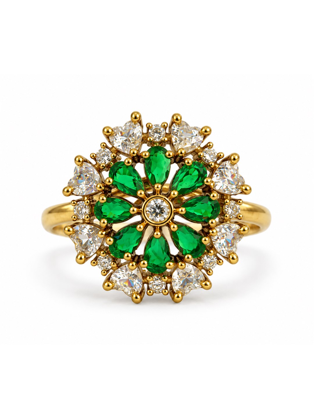 Green Stone Teardrop Floral Cluster Ring - Gold Plated, additional view 4
