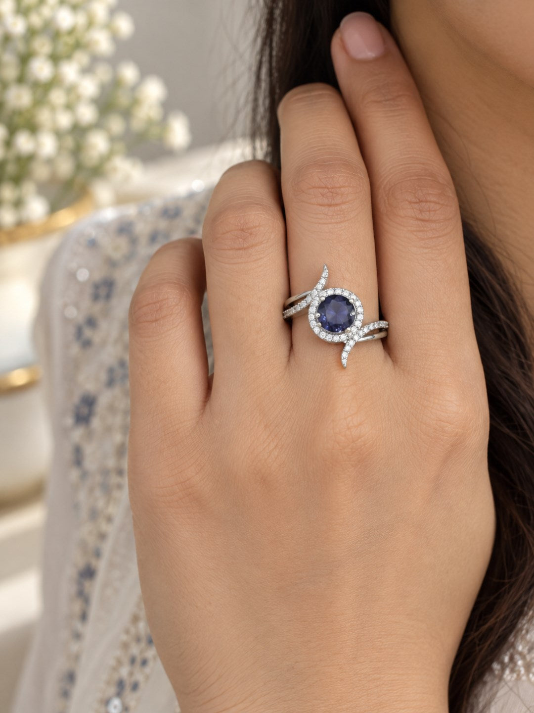 Purple Round Halo Swirl Ring - Silver Plated worn on hand