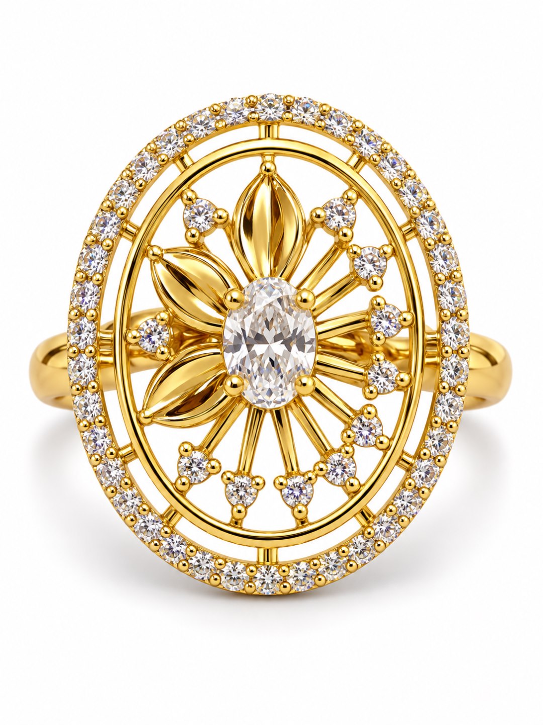 White Center Stone Oval Sunburst Ring - Gold Plated