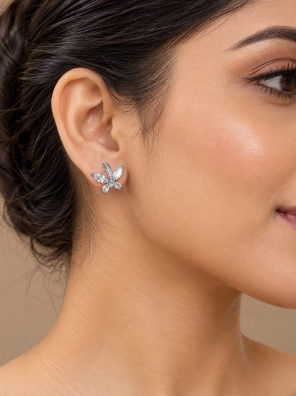 Clear Marquise Leaf Spray Stud Earrings, silver plated, model close-up